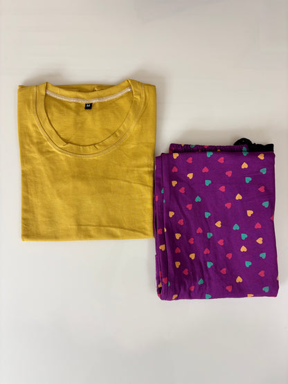 Mustard Yellow and Purple Heart Printed T-shirt with Combo Pant Set