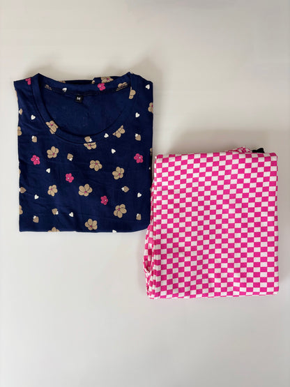 Navy and Pink Floral Printed T-shirt with Combo Pant Set