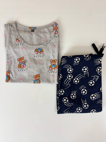 Grey and Black Teddy Printed T-shirt with Combo Pant Set