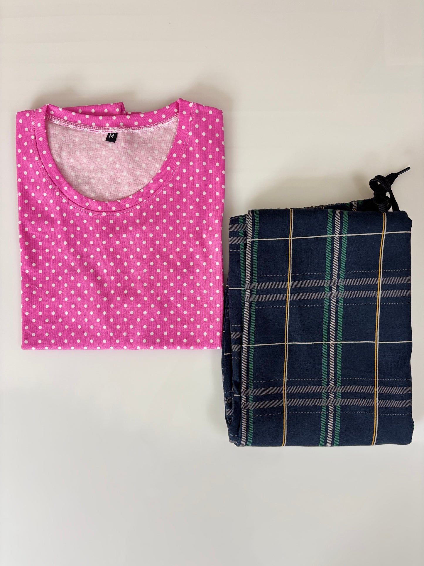 Pink and Navy Check Polka Dot Printed T-shirt with Combo Pant Set