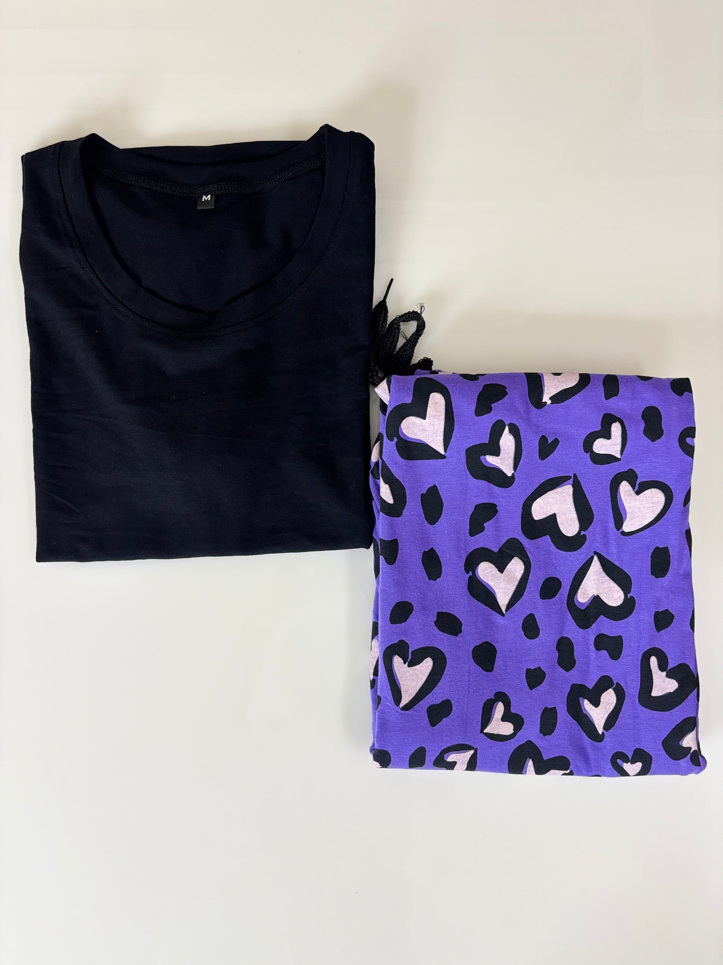 Black and Purple Heart Printed T-shirt with Combo Pant Set