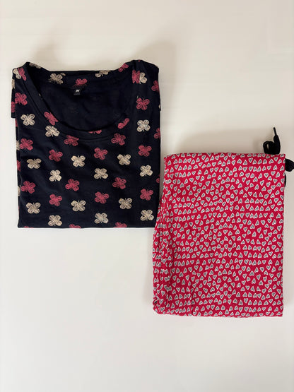 Black and Red Floral Printed T-shirt with Heart Printed Pant Set