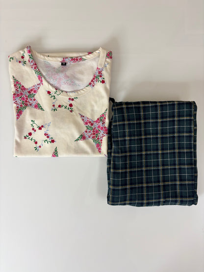Cream and Dark Green Floral Star Printed T-shirt with Check Pant Set