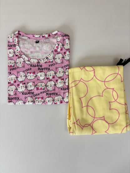 Pink and Yellow Kitten Printed T-shirt with Combo Pant Set