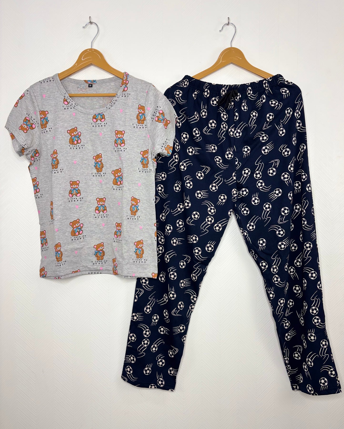 Grey and Black Teddy Printed T-shirt with Combo Pant Set
