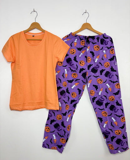 Orange and Lavender Halloween Printed T-shirt with Combo Pant Set