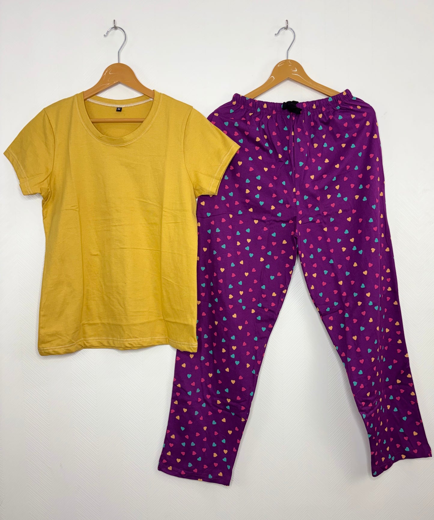 Mustard Yellow and Purple Heart Printed T-shirt with Combo Pant Set