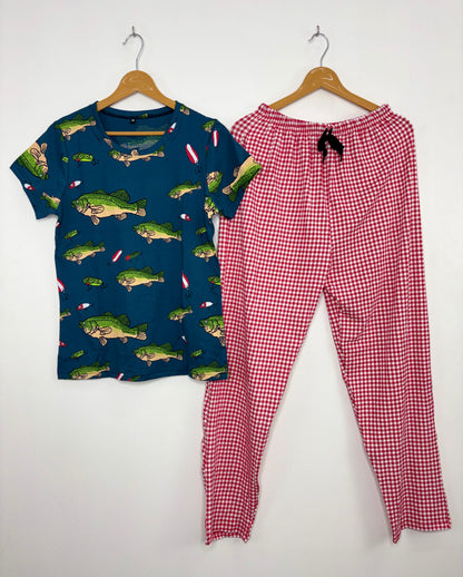 Teal and Pink Fish Printed T-shirt with Combo Pant Set
