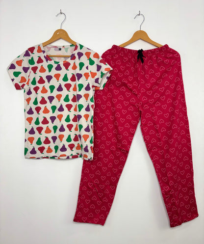 White and Multicolor Pear Printed T-shirt with Pink Heart Combo Pant Set