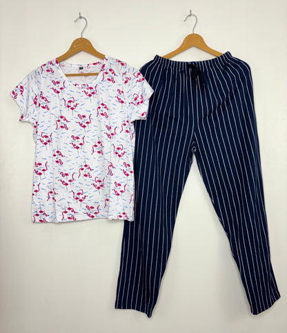 White and Pink Flamingo Printed T-shirt with Navy Blue Striped Combo Pant Set