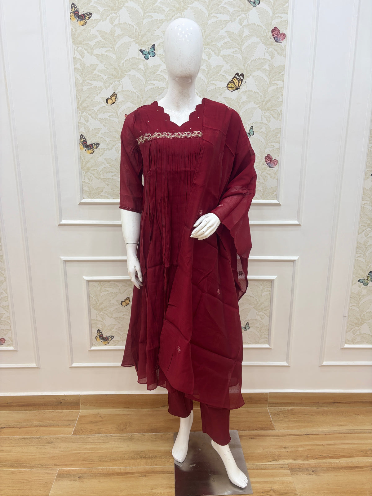 Mul chanderi A line With Work Wine Red Embroidered 3-Piece Suit