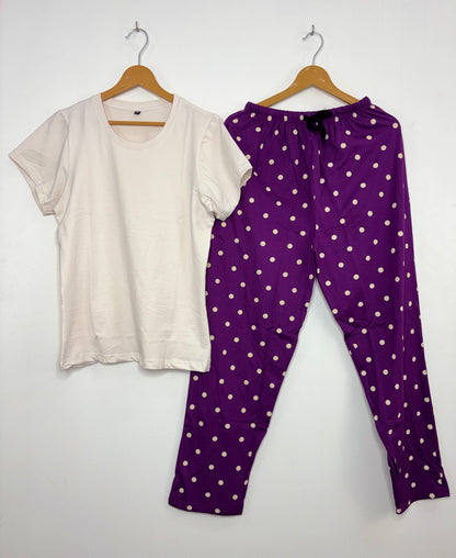 White and Purple Polka Dot Printed T-shirt with Combo Pant Set