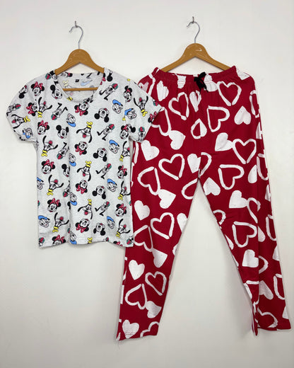 Grey and Red Cartoon Printed T-shirt with Combo Pant Set