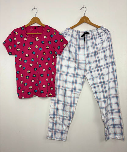 Pink and White Floral Printed T-shirt with Combo Pant Set