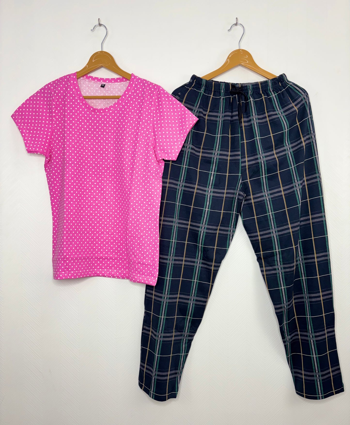 Pink and Navy Check Polka Dot Printed T-shirt with Combo Pant Set