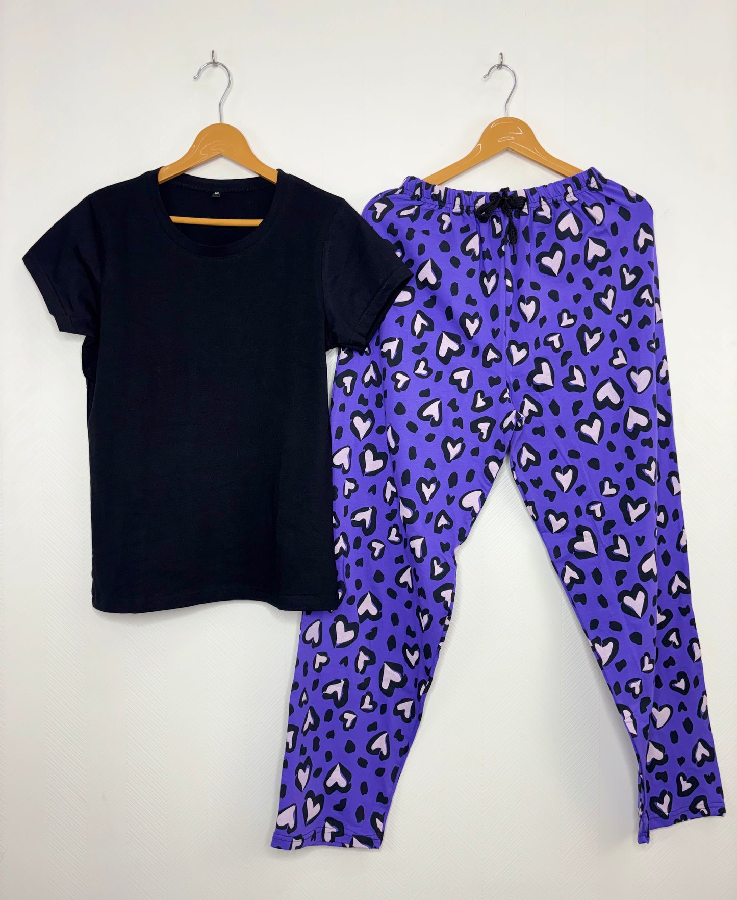 Black and Purple Heart Printed T-shirt with Combo Pant Set