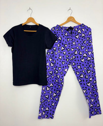 Black and Purple Heart Printed T-shirt with Combo Pant Set