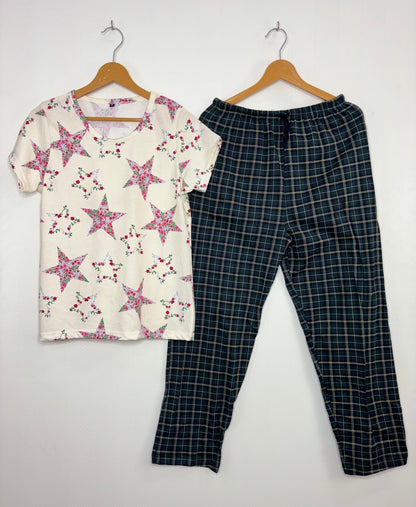 Cream and Dark Green Floral Star Printed T-shirt with Check Pant Set