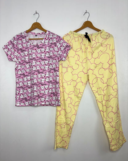 Pink and Yellow Kitten Printed T-shirt with Combo Pant Set