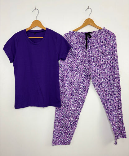 Purple Solid T-shirt with Lavender Animal Print Combo Pant Set