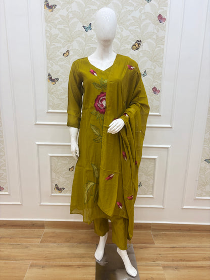 Soft Coal Silk With Embroidery 3 piece suit