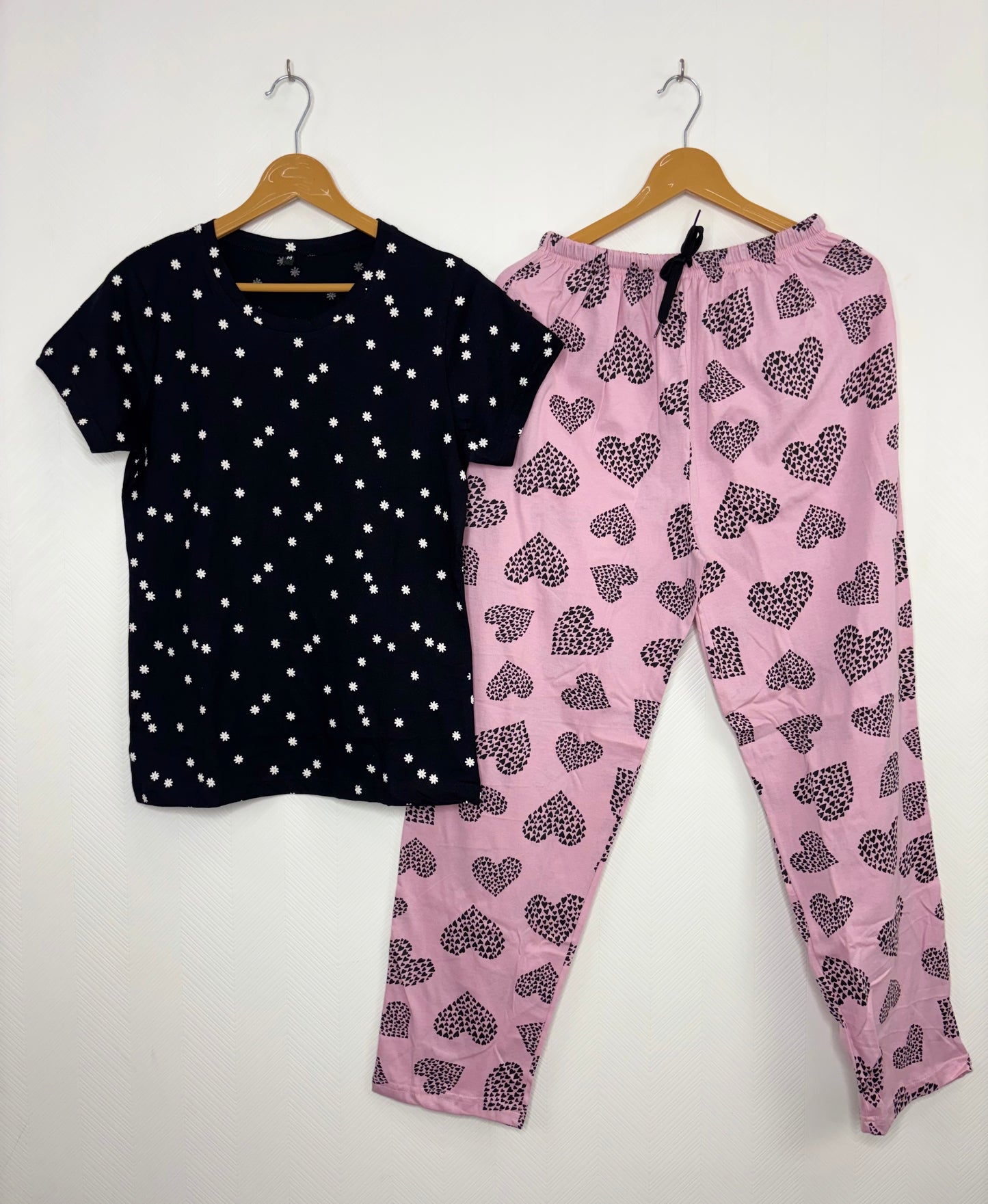 Navy Blue and White Floral Printed T-shirt with Pink Heart Combo Pant Set