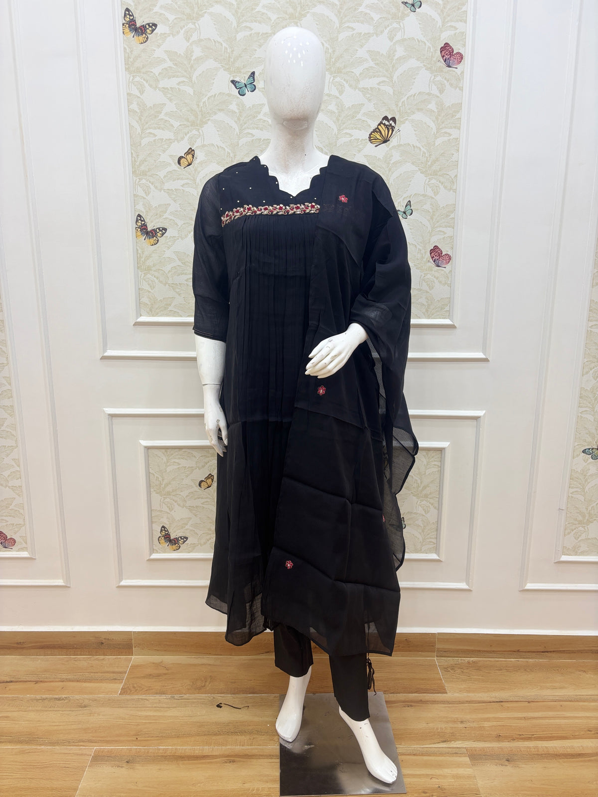 Mul Chanderi A line with work Black Red Floral Embroidered Anarkali 3 Piece suit