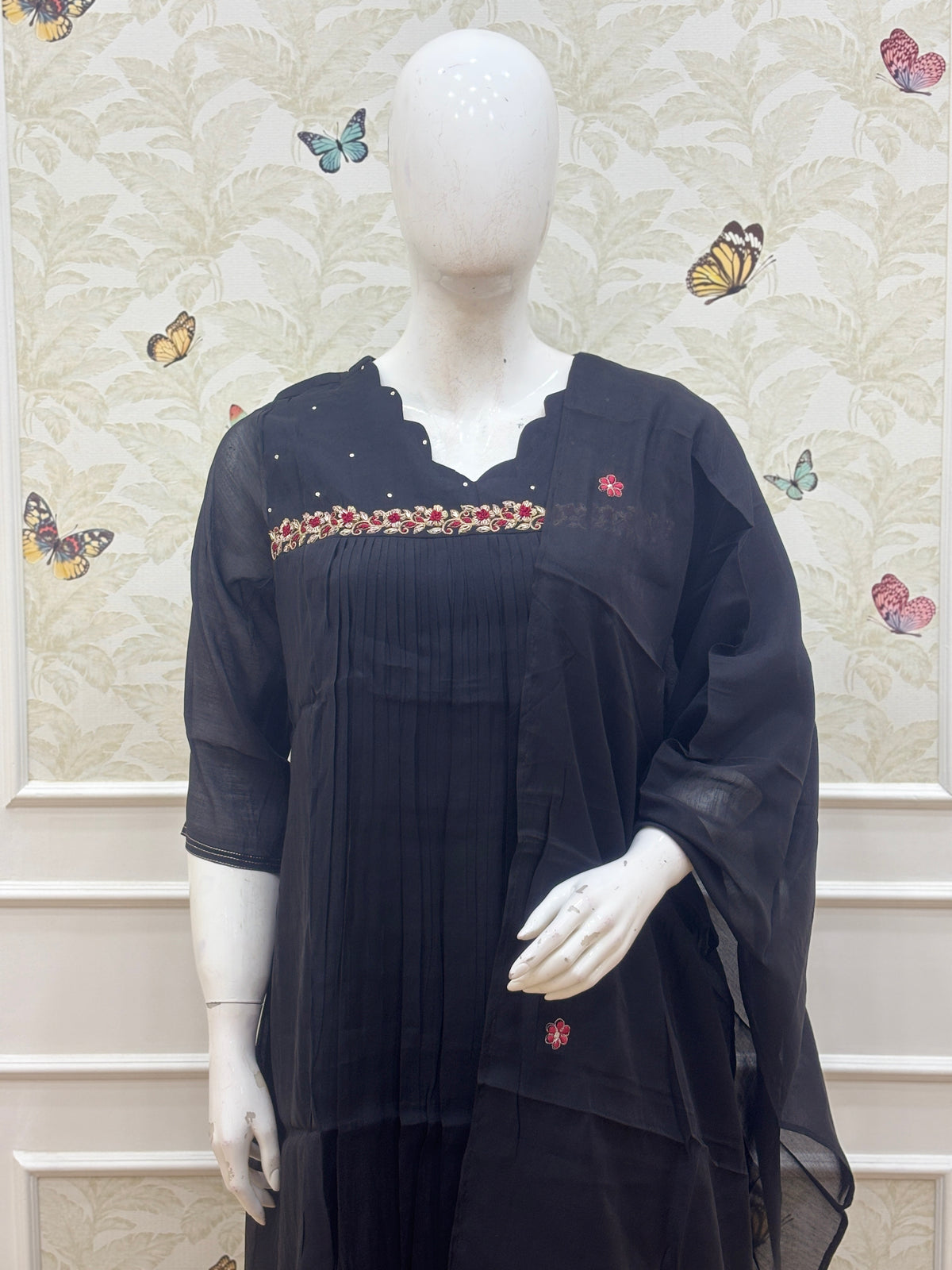 Mul Chanderi A line with work Black Red Floral Embroidered Anarkali 3 Piece suit