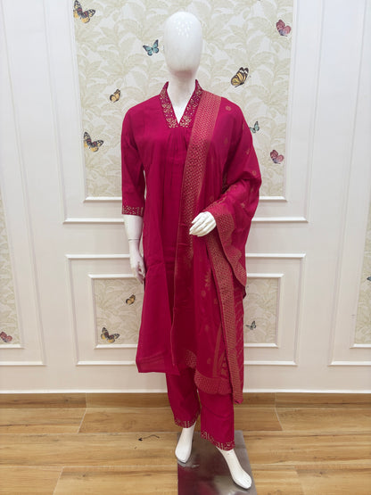 Elegant Roman Silk Rani Pink Gold Print Women's Anarkali 3 piece Suit