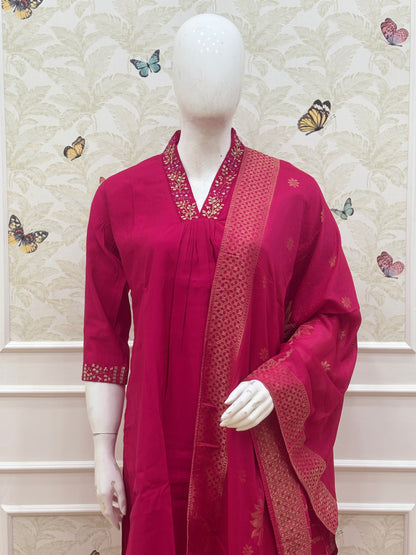Elegant Roman Silk Rani Pink Gold Print Women's Anarkali 3 piece Suit