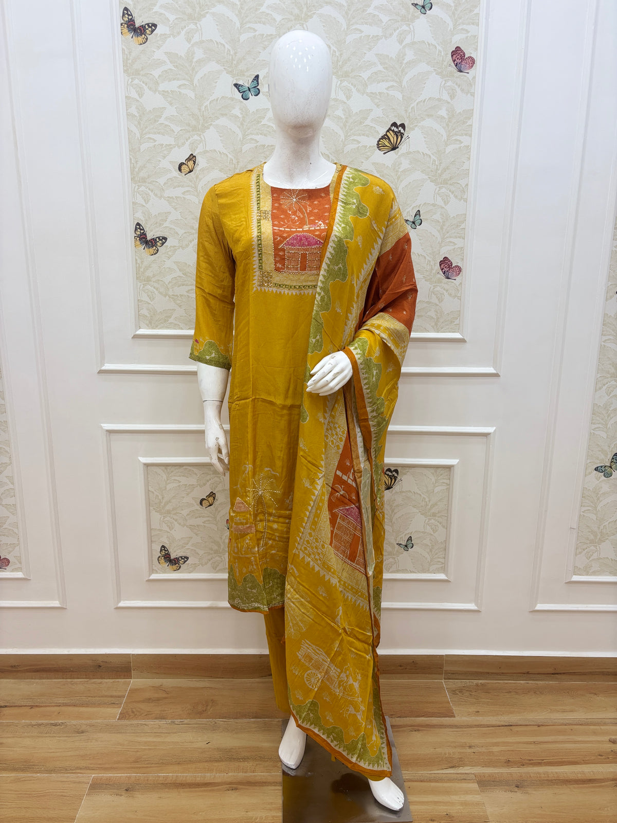 Elegant Butter Crepe Yellow Rust Orange Printed 3 Piece suit