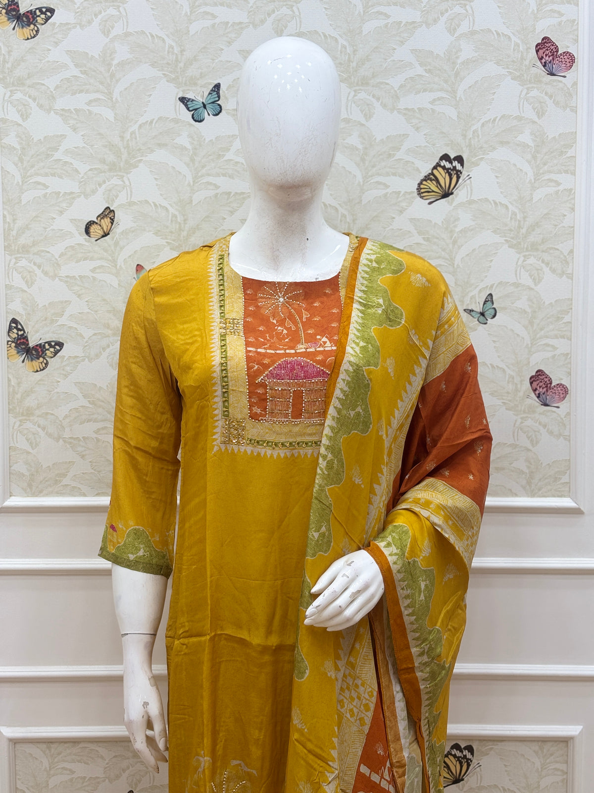 Elegant Butter Crepe Yellow Rust Orange Printed 3 Piece suit