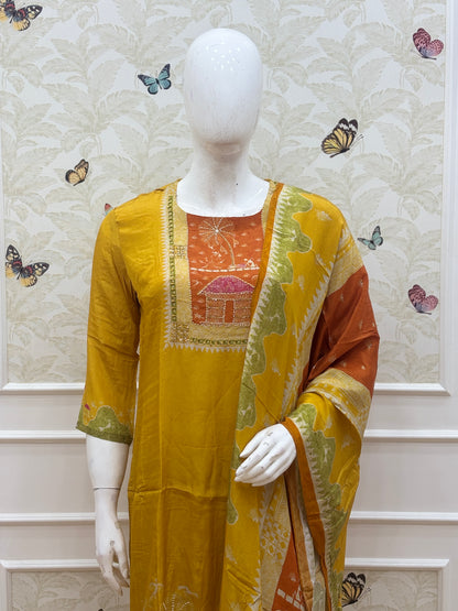 Elegant Butter Crepe Yellow Rust Orange Printed 3 Piece suit