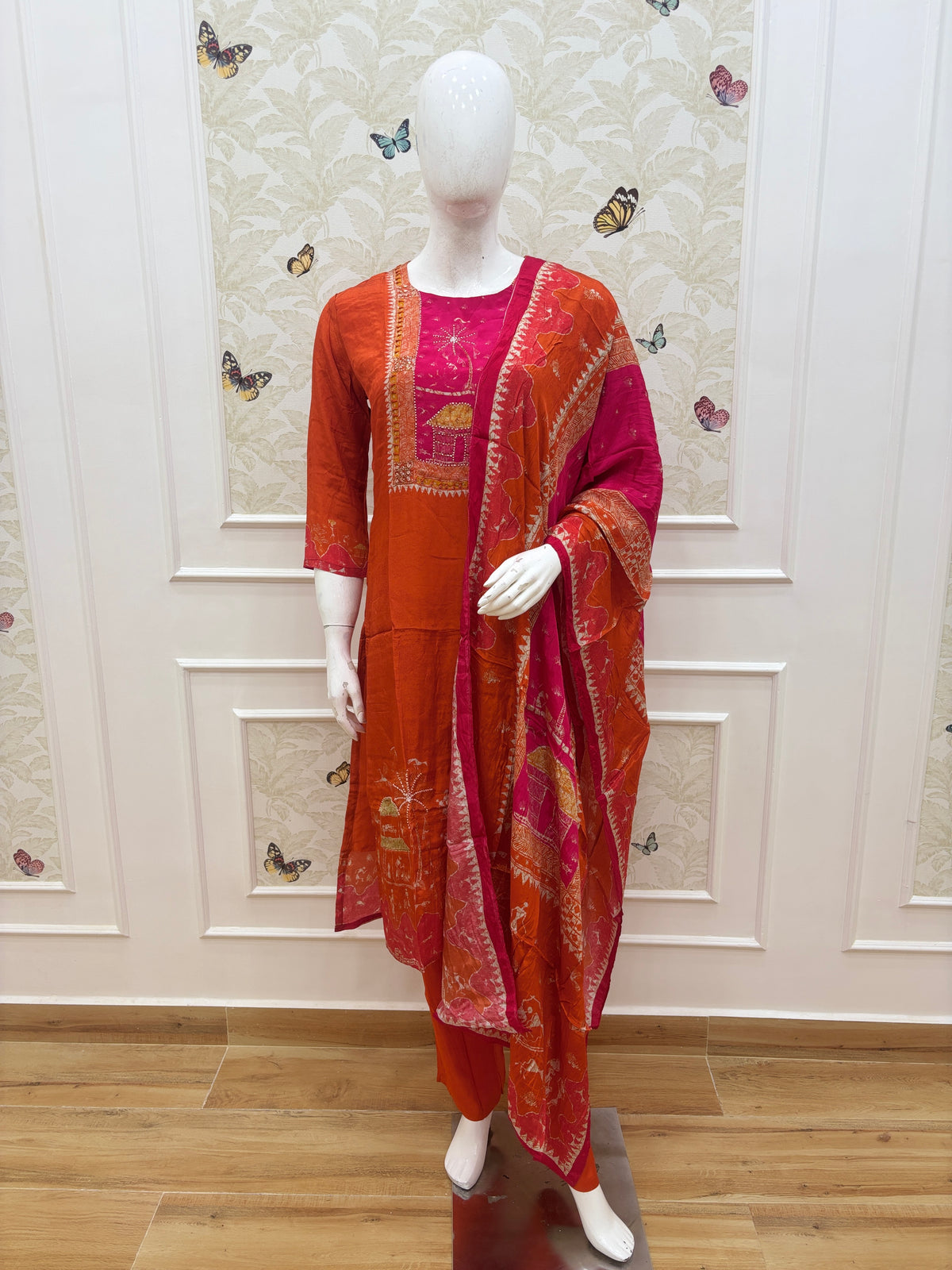 Elegant Butter Crepe Rust Orange Magenta Ethnic Printed 3 Piece suit