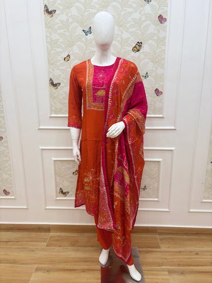 Elegant Butter Crepe Rust Orange Magenta Ethnic Printed 3 Piece suit