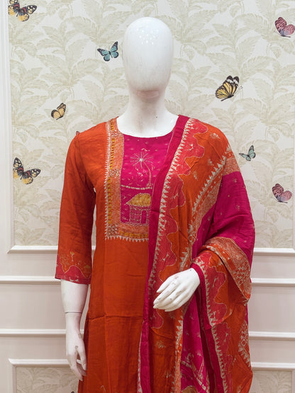 Elegant Butter Crepe Rust Orange Magenta Ethnic Printed 3 Piece suit