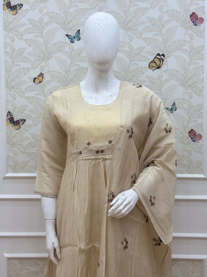 Elegant Mul Chanderi Cream Beige Floral Embroidery Women's Anarkali 3 Piece Suit