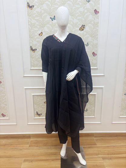 Mul chanderi A line with work Black color Embroidered Anarkali 3 Piece suit