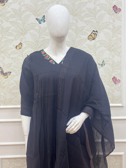 Mul chanderi A line with work Black color Embroidered Anarkali 3 Piece suit