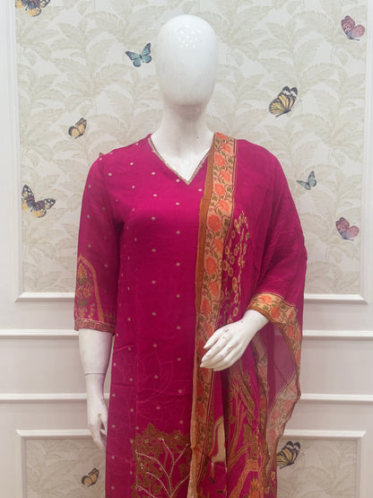 Elegant Chinon Silk Pink Floral Printed 3-Piece Suit