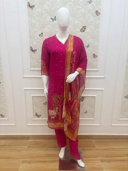 Elegant Chinon Silk Pink Floral Printed 3-Piece Suit