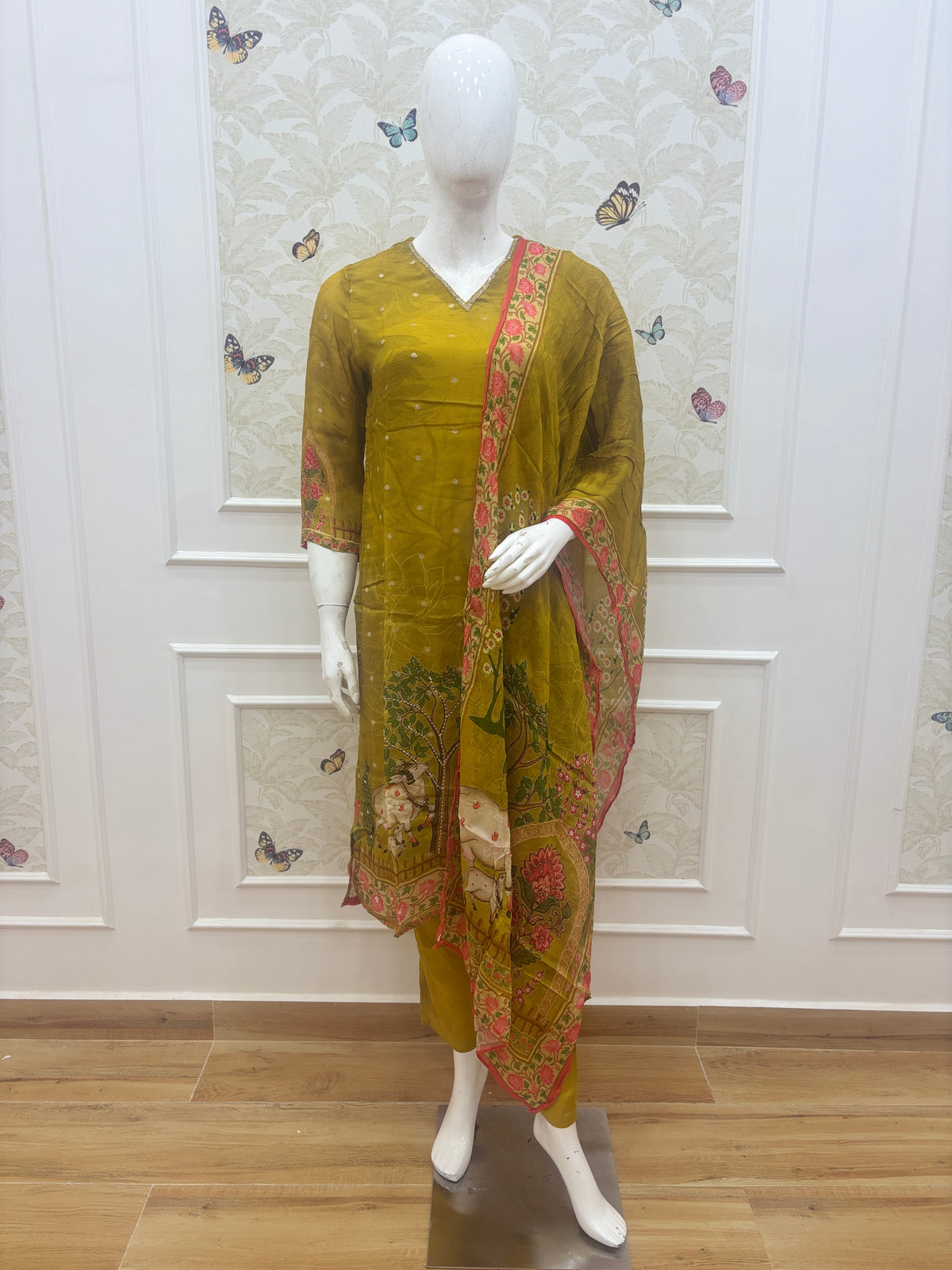 Chinon Silk Mustard Traditional Floral Printed 3-Piece Suit