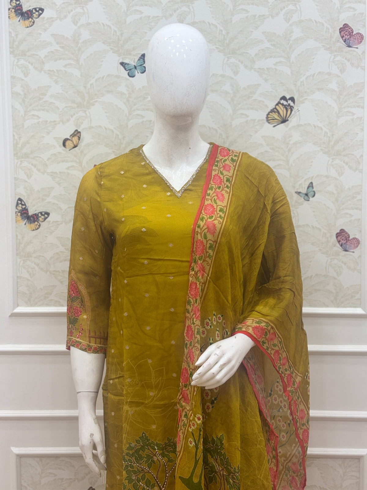 Chinon Silk Mustard Traditional Floral Printed 3-Piece Suit