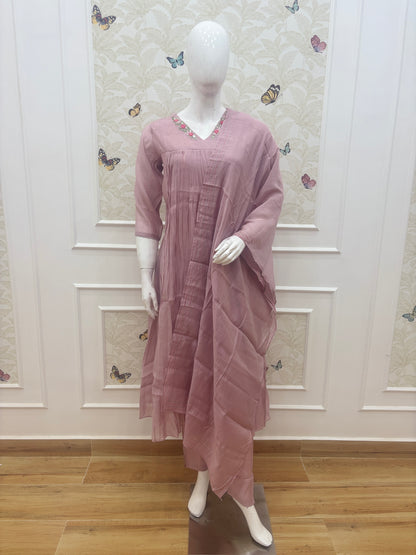Mul chanderi A line With Work Dusty Pink Floral Embroidered Anarkali 3 Piece suit