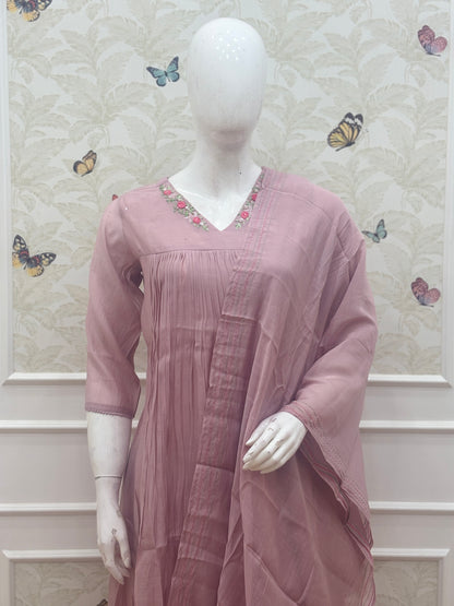 Mul chanderi A line With Work Dusty Pink Floral Embroidered Anarkali 3 Piece suit