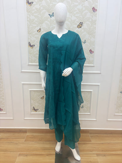 Elegant Soft coral line Teal Blue Floral Embroidery Women's Anarkali 3 piece Suit