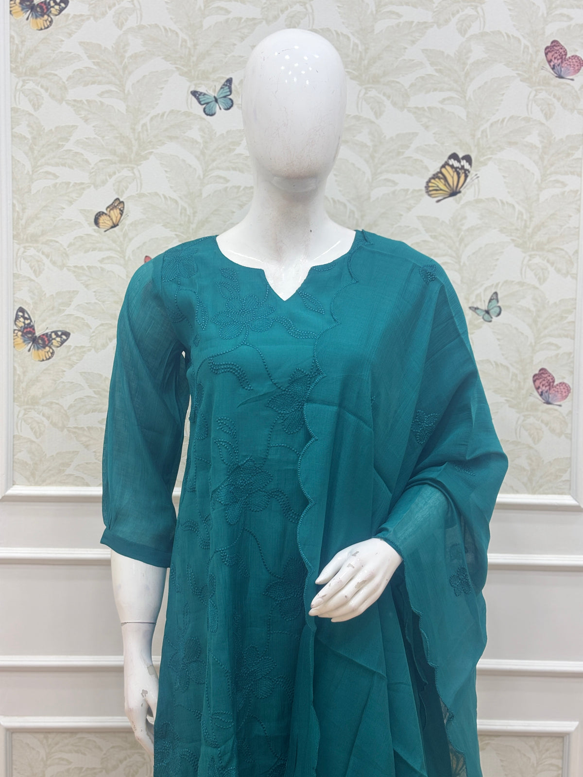 Elegant Soft coral line Teal Blue Floral Embroidery Women's Anarkali 3 piece Suit