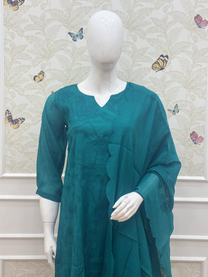 Elegant Soft coral line Teal Blue Floral Embroidery Women's Anarkali 3 piece Suit