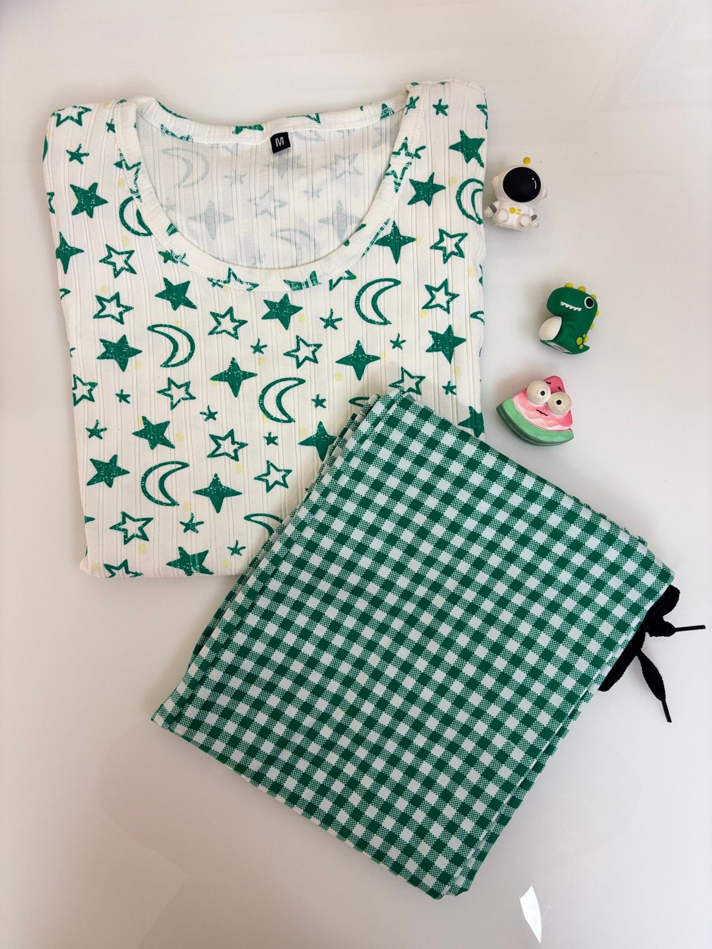 White Night Pattern Printed T-shirt with Green Contrast Pant Set