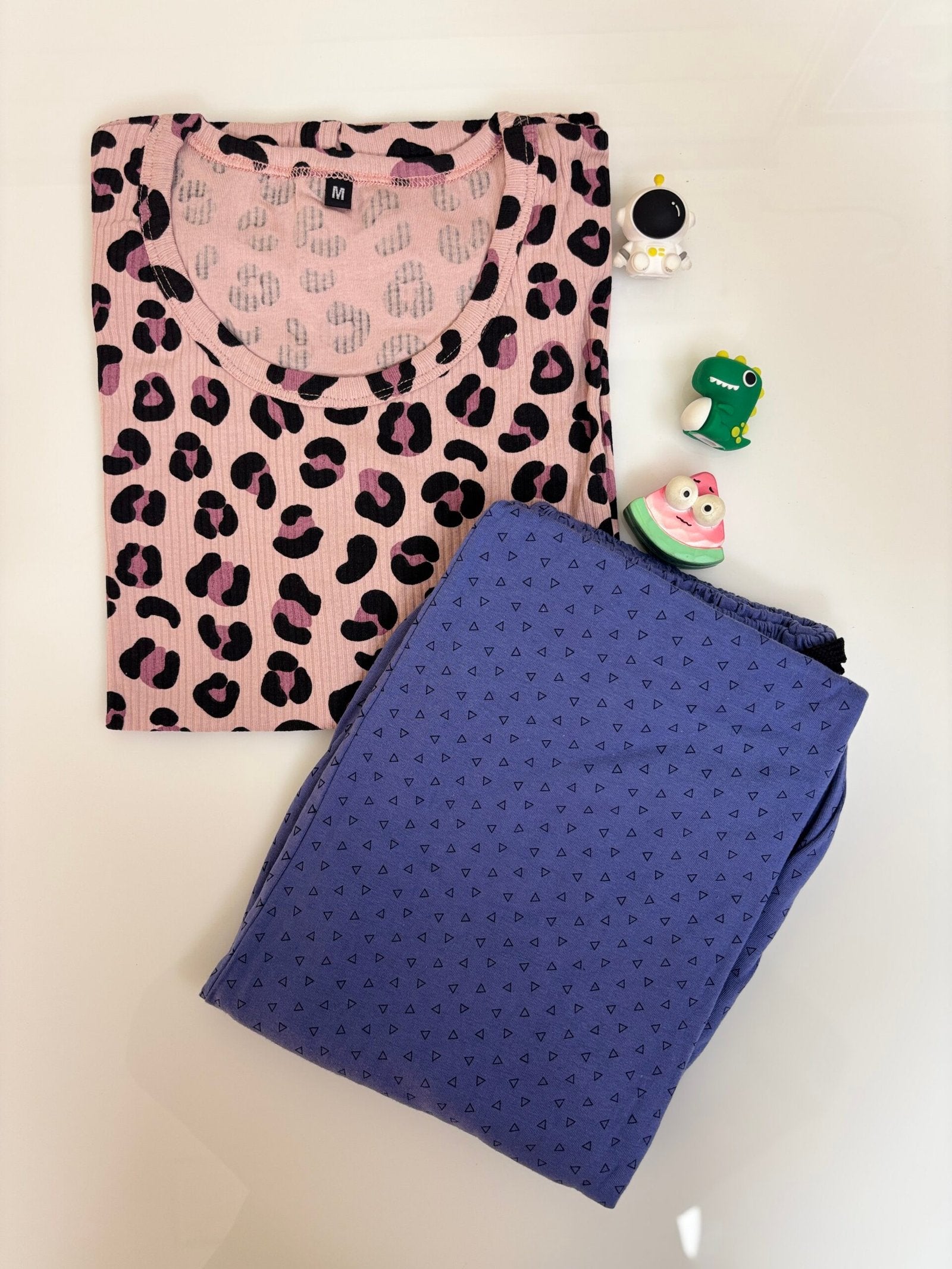 Baby Pink Leopard Printed T-shirt with Blue Contrast Pant Set